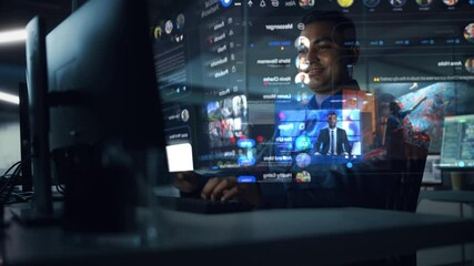 Poster - Hologram Screens: Creative Indian Man Using Desktop Computer with Holographic Projection, Multiple Displays Show Websites, Video Streaming Services, Social Media Feed, e-Commerce, e-Learning Content