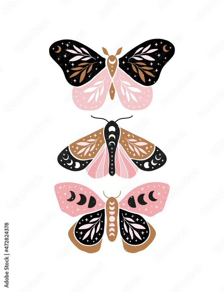 Celestial butterfly vector illustration. Mystical luna moth with moon ...