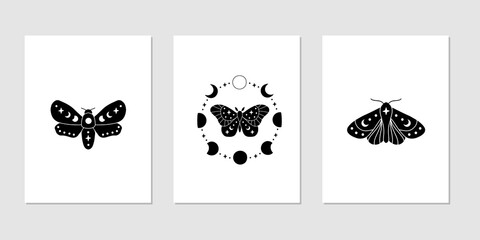Wall Mural - Celestial butterfly vector illustration. Mystical luna moth with moon phases. Magic insect on white background. Design for boho poster, magical card, t shirt print, home decoration, wall art.