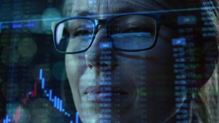 Aufkleber - Portrait of Female Digital Entrepreneur Working on Computer, Line of Code Projected on His Face and Reflecting in Glasses. Developer Working on Innovative e-Commerce App using AI and Big Data