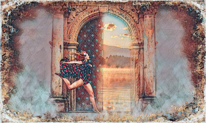Fototapete - dancing woman at a beautiful ancient door.