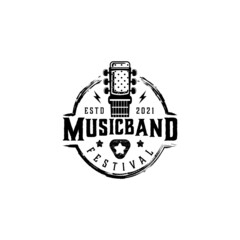 creative music logo ideas with microphone and guitar neck with adjustment pegs,vintage logo rock and roll, illustration music band vector template icon