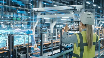 Poster - Futuristic Car Factory Digitalization Industry 4.0: Female Automotive Engineer Using Augmented Reality Tablet Computer to Scan Automated Robot Arm Assembly Line Manufacturing Electric Vehicles