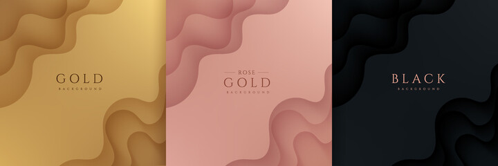 Wall Mural - Set of gold, black and rose gold abstract background with dynamic wavy layers in paper cut style. Modern and simple template banner collection design. Luxury and elegant concept. Vector illustration