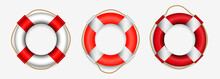 Set Of Lifeguard Rescue Equipment Or Safety Beach Worker With Life Jacket Or Various Lifebuoy Isolated. Eps Vector