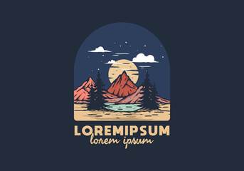 Wall Mural - lake and mountain with big moon illustration