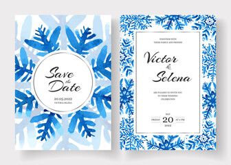 Winter wedding cards design set with watercolor snowflakes. Save the date invitation set. Hand painted.