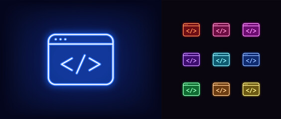 Canvas Print - Outline neon coding icon. Glowing neon app window with code sign, web development pictogram