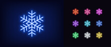 Outline Neon Snowflake Icon. Glowing Neon Snowflake Sign, Snow Pictogram In Vivid Colors