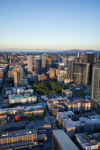 Seattle, Washington, USA - June 4 2021: Seattle Downtown Skyline During Summer Sunset. View From Seattle Needle.
