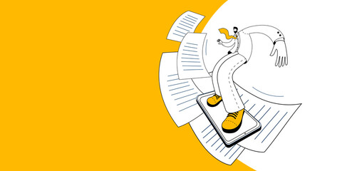 Aufkleber - A man in a business suit is surfing business documents. The concept of vector illustration on the topic of Internet search and data analysis. Template for a horizontal banner.