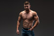 © speed300 - Waist up portrait view of the bodybuilder posing and showing his muscle definition. Man in good shape against dark background
