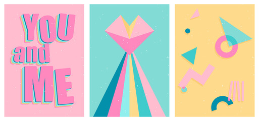 Wall Mural - A set of three bright aesthetic posters. Minimalistic posters with positive phrases for social media, cover design, web. Vintage illustrations with rainbow, sun, geometric shapes, dots, lines.