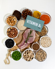 A set of natural products rich in vitamin B1 Thiamine. Healthy food concept. Cardboard sign with the inscription.