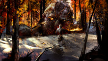 A Warrior In Plate Armor Walks With A Fiery Sword In His Hands To The Giant's Huge Head With Burning Eyes.autumn Trees With Golden Leaves In The Background. The Knight Is Standing In Snowdrifts.2d Art