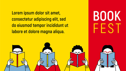 Wall Mural - Banner for book festival. People read books. Vector minimalist background. Design template for a library, school, education theme. Students are reading.