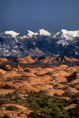 Poster - USA, Utah, Arches National Park. Petrified sand dunes below snow-covered La Sal Mountains.