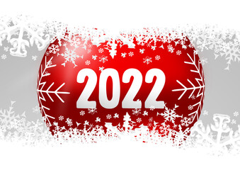 Wall Mural - New year 2022 winter design illustration with snowflakes and red christmas ball