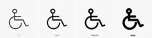Wheelchair Icon. Thin, Light Regular And Bold Style Design Isolated On White Background
