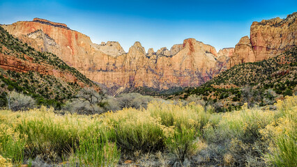 Poster - USA, Utah, Morning sunlight lights up the sandstone cliffs of Zion National Park.