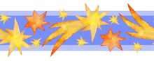 Yellow-orange Comets And Stars On A Blue Background, Watercolor , Seamless Border Pattern