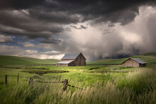 Two Old Wooden Barns And Storm Clouds, Palouse Region Of Eastern Washington.