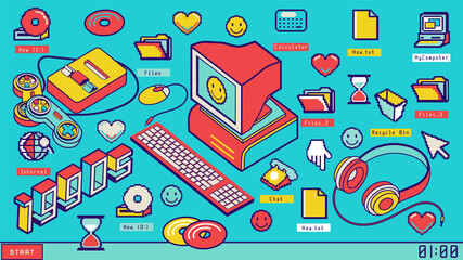 Nostalgia computer aesthetic sticker pack. Isolated Patch badges with retro pc and desktop elements. Isometric icons: headphones, disk, mouse. 90s retrowave style. 