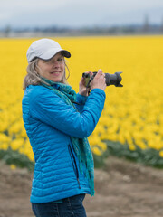 Sticker - Usa, Washington State, Mt. Vernon. Woman with camera at Skagit Valley Tulip Festival, held annually in April.