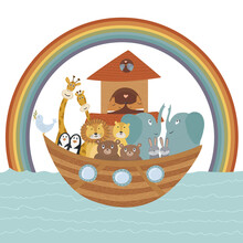Vector Illustration With Noah's Ark, Bible Story Concept For Kids. Cute Poster Can Be Used For Different Designs, Covers, Nursery Decorations, Sunday School Activities