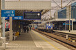 Pociąg osobowy czekający na dworcu kolejowym w Poznaniu po którym chodzą pasażerowie. Na pierwszym planie widoczna tablica z rozkładem jazdy.