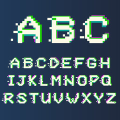 Pixel alphabet with glitch effect, vector modern font