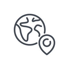 Poster - planet earth with pin line icon. global location with place pointer vector outline sign.