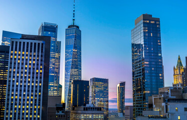 Wall Mural - New York City skyline aerial panorama view at night with Lower Manhattan and One World Trade Center