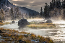 Steaming Madison River And Early Autumn Snow, Yellowstone National Park, Wyoming