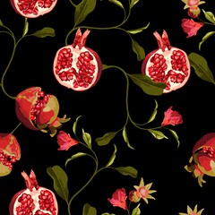 Wall Mural - Seamless pattern with pomegranate fruits on black background. Design for cosmetics, spa, pomegranate juice, health care products, perfume. Best for textile or wrapping paper.