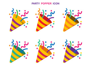 Party popper icons in different colors.Confetti logo,congratulate and celebrate elements.Vector party poppers set.Exploding cracker icon.