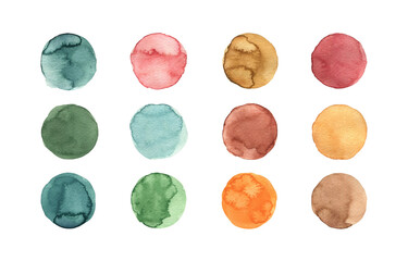 Set of watercolor circles isolated on white background. Abstract watercolor round shapes of blue, yellow, brown, red, green colors. Perfect for holiday designs.