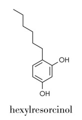 Sticker - Hexylresorcinol molecule. Has anaesthetic, antiseptic and anthelmintic properties. Skeletal formula.