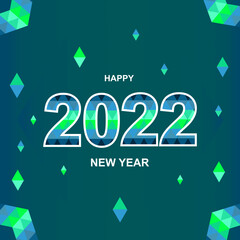 Sticker - Happy new year 2022 banner, blue green diamond background.