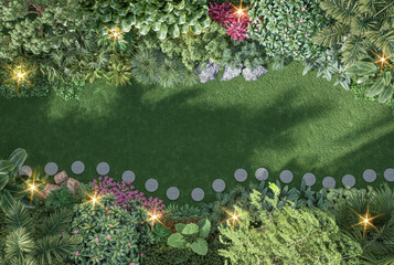 Wall Mural - Top view tropical style garden with copy space 3d render