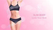 Beautiful Woman's Body. Perfect Slim Toned Young Body. Girl In Perfect Sexy Body Shape In Black Panties In 3d Vector Illustration, On A Pink Bokeh Background.