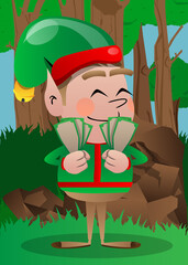 Wall Mural - Christmas Elf holding or showing money bills. Vector cartoon character illustration of Santa Claus's little worker, helper.