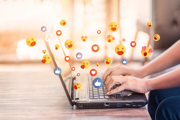 Poster - Woman using laptop with social media, Chatting with friends online, Concept of work form home and living on vacation and playing social media.
