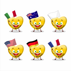 Sticker - Yellow love gummy candy cartoon character bring the flags of various countries