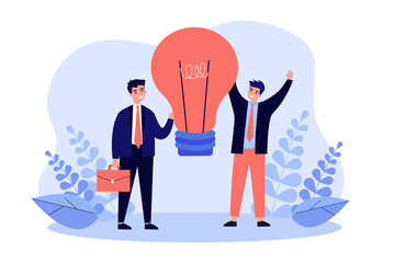 Poster - tiny business people standing with light bulb. teamwork of persons on creative idea flat vector illu