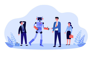 Poster - boss shaking hands with robot, standing near office workers. ai replacing human employees flat vecto