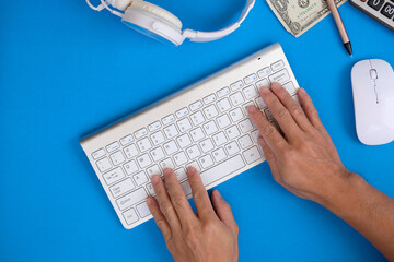 Wall Mural - Overhead shot of laptop computer and accessories on background with copy space. Concept of business and finance