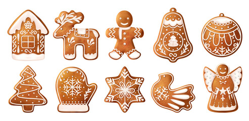 Sticker - Realistic Christmas Gingerbread Cookies Icon Set