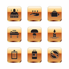 Sticker - Set Sauna and spa procedures, Clipboard with checklist, Collagen serum, Mushroom, Acupuncture therapy, Kettle handle, Food no diet and icon. Vector