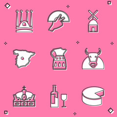 Sticker - Set Sagrada Familia, Fan flamenco, Windmill, Map of Spain, Sangria pitcher, Bull, Crown spain and Wine bottle with glass icon. Vector